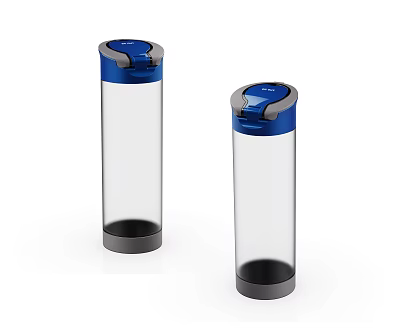 Two Transparent Reusable Water Bottles With Blue Lids And Black Bases 3d model