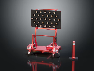 Red Mobile Traffic Safety Warning Device with Wheels Black Panel Circular Holes and Red Post 3d model
