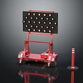 Red Mobile Traffic Safety Warning Device with Wheels Black Panel Circular Holes and Red Post
