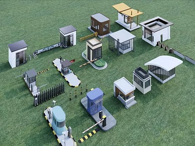 Different Types of Security Booths Gate Barriers and Kiosks on Green Grass 3d model