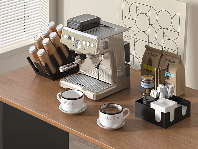 Modern Kitchen Appliances Display With Espresso Machine Coffee Cups Bean Bags And Sugar Jar 3d model