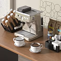 Modern Kitchen Appliances Display With Espresso Machine Coffee Cups Bean Bags And Sugar Jar