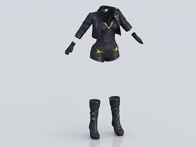 Stylish Black Tight Fitting Suit With Gold Accents Matching Gloves And Boots 3d model