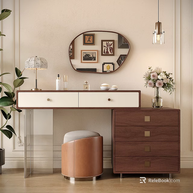 Elegant Modern Dressing Table With Oval Mirror Table Lamp Cosmetics Leather Stool And Flower Vase 3d model 