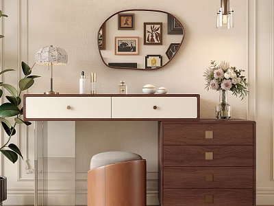 Elegant Modern Dressing Table With Oval Mirror Table Lamp Cosmetics Leather Stool And Flower Vase 3d model