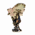Decorative Peacock Shaped Ornament With Pink Glass Feathers And Gold Accents On Intricate Curved Base