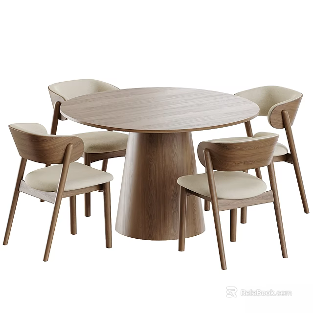 Modern Round Wooden Dining Table With Four Upholstered Chairs Set 3d model