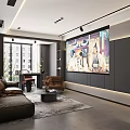 Modern Living Dining Room With Brown Leather Sofa Armchair Round Coffee Table City View