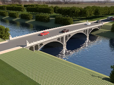 Scenic Bridge Over Calm River With Cars Driving And Green Trees On Riverbanks 3d model