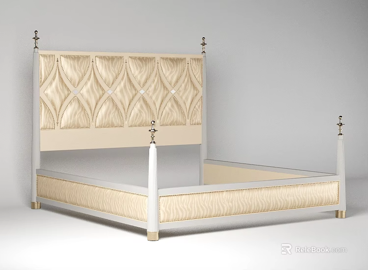 Elegant Double Bed With Beige Diamond Tufted Headboard And Golden Decorative Posts 3d model 