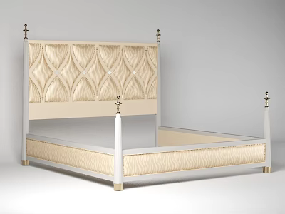 Elegant Double Bed With Beige Diamond Tufted Headboard And Golden Decorative Posts 3d model