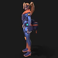 Futuristic Sci Fi Woman In Blue And Orange Armored Tactical Suit With Gear