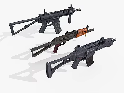 Three Modern Tactical Rifles With Black And Orange Components And Ergonomic Design 3d model