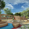 Fun Kids Playground With Wooden Slides Elevated Platform Sand Ground Trees And Orange Arches