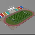 Football Stadium With Green Turf Red Running Track Colorful Seats And White Canopies