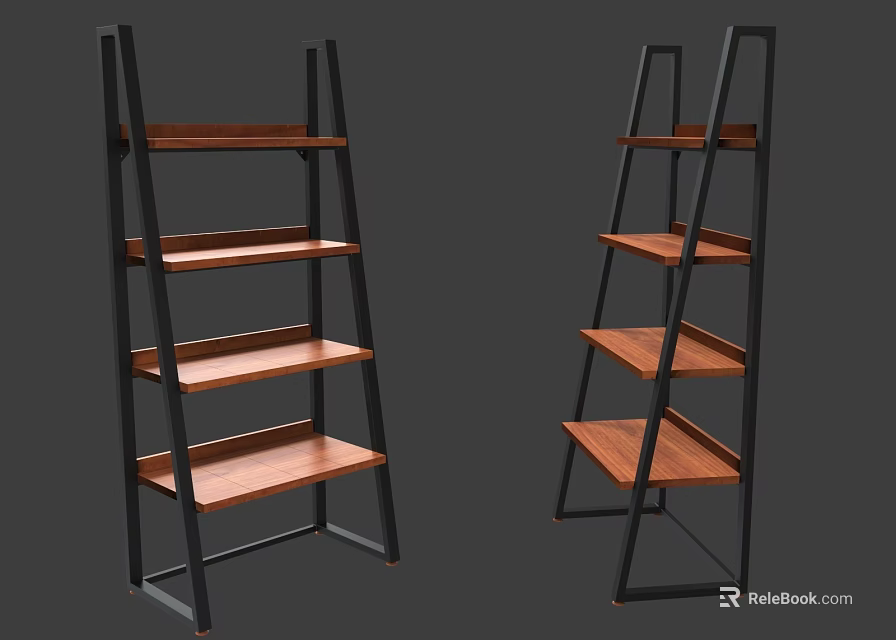 Modern Ladder Shelves With Black Metal Frames And Wooden Tiers For 3d model 