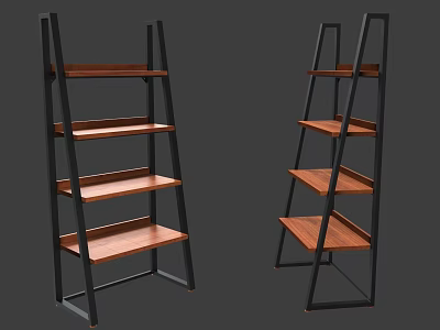 Modern Ladder Shelves With Black Metal Frames And Wooden Tiers For 3d model