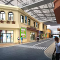 Vibrant Commercial Street with Red Brick Buildings Arched Windows Store Signs and Pedestrians Walking