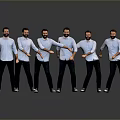 Men In Blue Shirts And Dark Pants Posing With Different Gestures Against Gray Background