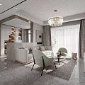 Modern Living and Dining Room Interior with Sofa Coffee Table Dining Set Chandelier and Plants