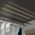 Modern Indoor Space With Ceiling Lights And Hanging Clothes On Drying Rack 3d model