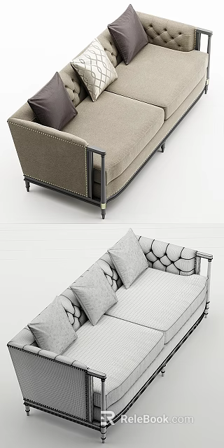 Modern Two Seater Sofa With Metal Armrests Nailhead Trim And Tufted Back Cushions 3d model 