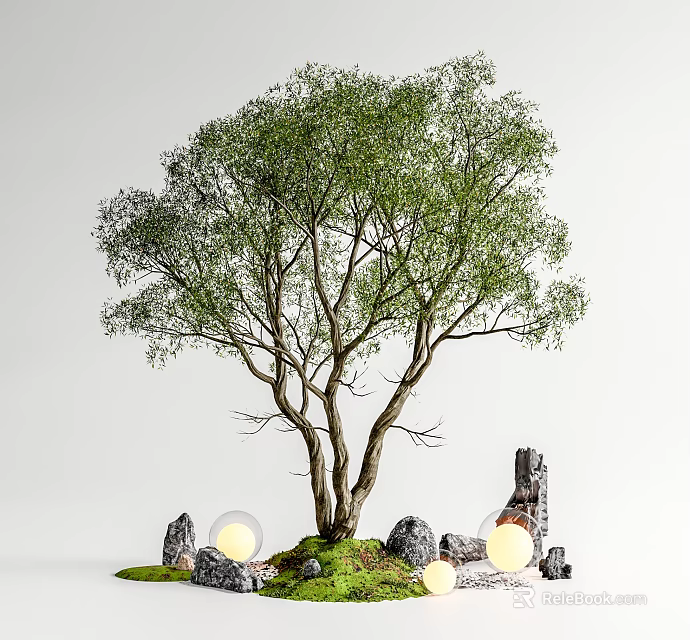 Lush Green Tree With Multiple Trunks Mossy Ground And Glowing Spheres Among Stones 3d model 