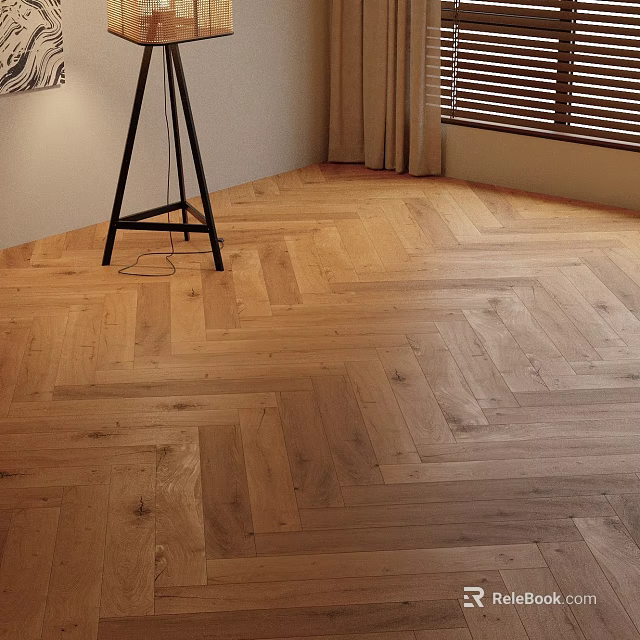 Herringbone Wooden Flooring In Cozy Living Room With Lamp And Curtains 3d model 