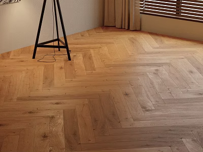 Herringbone Wooden Flooring In Cozy Living Room With Lamp And Curtains 3d model