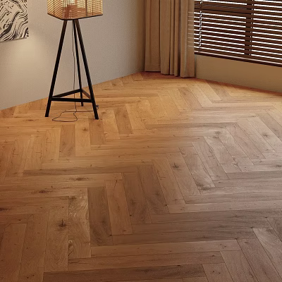Herringbone Wooden Flooring In Cozy Living Room With Lamp And Curtains 3d model