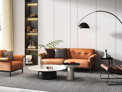 Modern Orange Leather Sofa and Coffee Table Set with Arc Floor Lamp and Green Plant 3d model