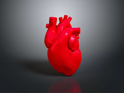 Red Human Heart Model Representing Chest Organ on Gray Background with Reflection 3d model