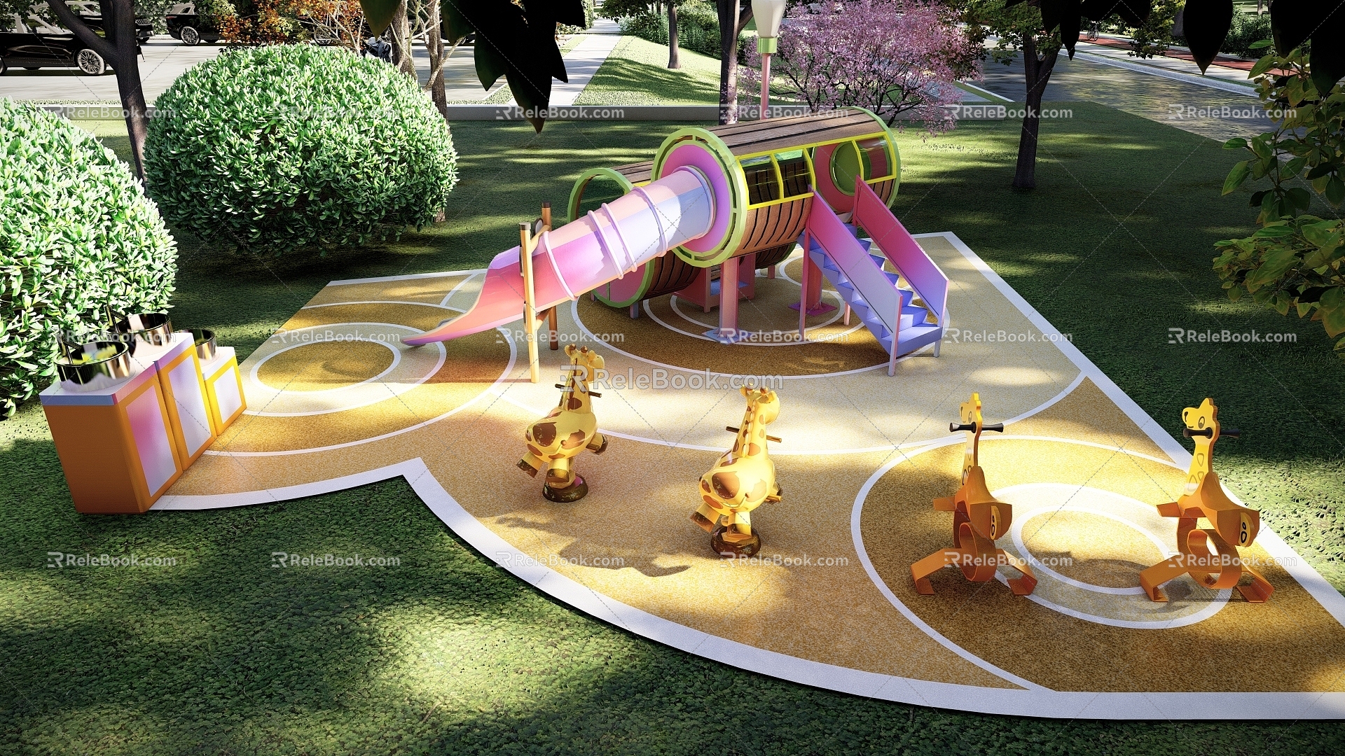 Modern Children's Play Area Children's Equipment Theme Children's Activity Area Rocking Chair Trojan Horse Seesaw Slide Ground Line Sink Sink Baby Chair 3d model