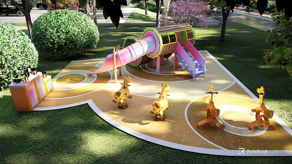 Colorful Kids Play Area With Slide Carousel Horses And Circular Design On Green Lawn 3d model 