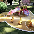 Colorful Kids Play Area With Slide Carousel Horses And Circular Design On Green Lawn