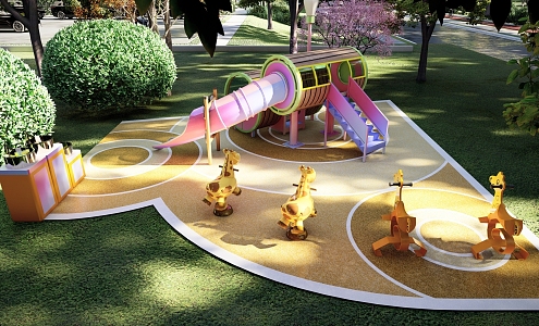 Modern Children's Play Area Children's Equipment Theme Children's Activity Area Rocking Chair Trojan Horse Seesaw Slide Ground Line Sink Baby Chair 3d model