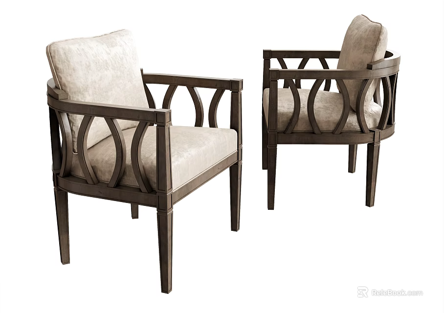Two Modern Single Sofas With Carved Dark Frame And Light Upholstery 3d model 