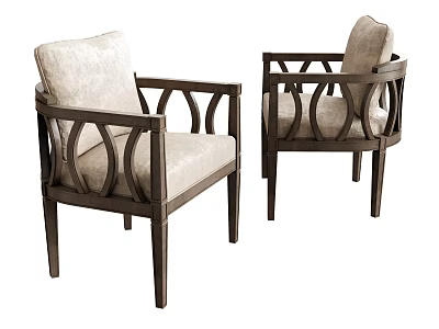 Two Modern Single Sofas With Carved Dark Frame And Light Upholstery 3d model
