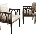 Two Modern Single Sofas With Carved Dark Frame And Light Upholstery