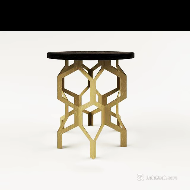 Modern Round Side Table With Black Tabletop And Golden Geometric Legs 3d model 