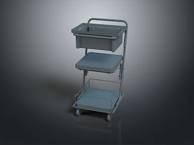 Gray Metal Multi Tiered Utility Cart with Storage Shelves and Rolling Wheels 3d model