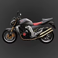 Black Sporty Motorcycle With Red Seat Gold Exhaust Pipes And Silver Accents