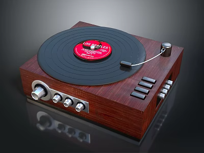 Wooden Vinyl Record Player With Black Turntable Tonearm And Control Knobs 3d model