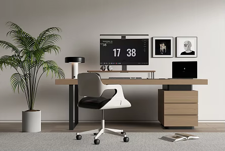 Modern Desk Chair Combination Computer Supplies Office Chair Green Plant Potted Notebook 3d model