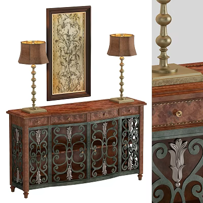 Elegant Vintage Decorative Cabinet With Intricate Metal Scrollwork And Table Lamps 3d model