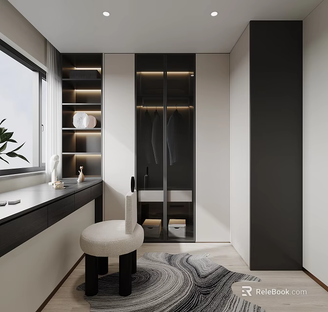 Modern Cloakroom Interior With Glass Wardrobe Vanity Stool And Window 3d model