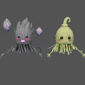 Two Knitted Cartoon Characters With Gray Yellow Tentacles Round Eyes And Pink Blushes
