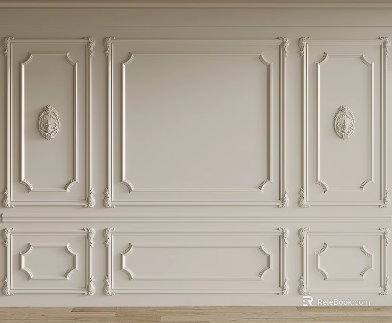Decorative White Background Wall With Symmetrical Panel Molding And Ornate Relief Details 3d model 