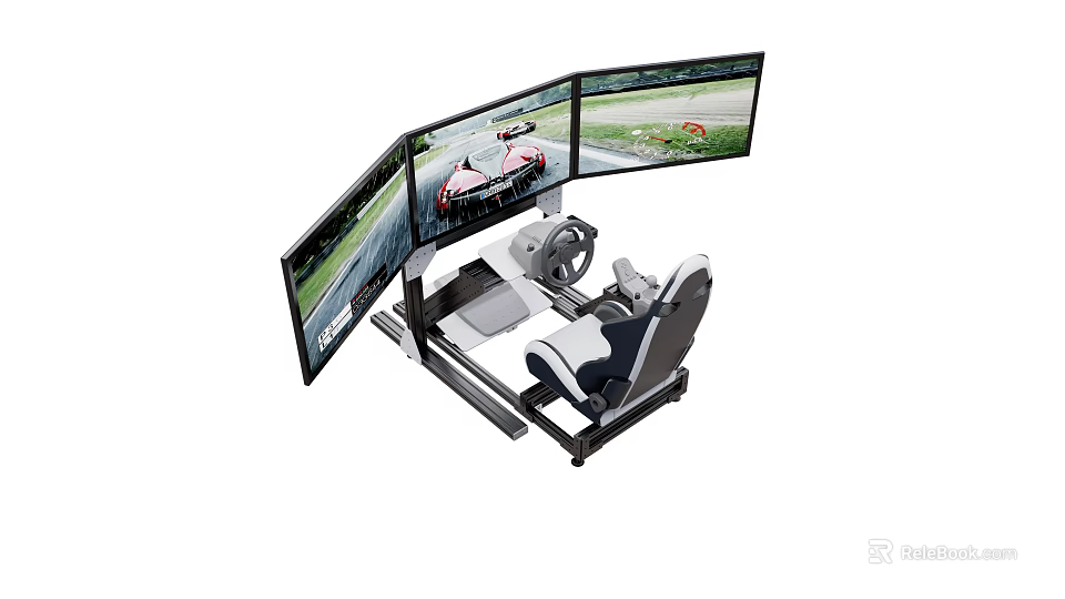 Functional Car Racing Simulator With Multiple Screens Steering Wheel And Racing Scenes 3d model 