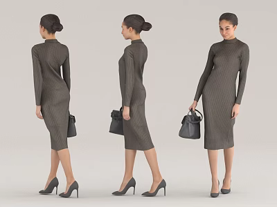 Woman Wearing Dark Long Sleeve Fitted Dress with Handbag and High Heels 3d model